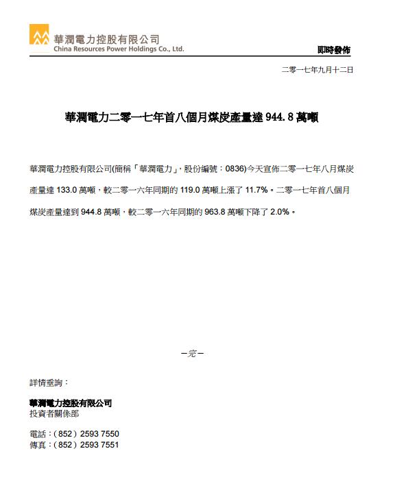 近日，華潤(rùn)電力公告顯示，2017年8月附屬電廠售電量達(dá)到1540.56萬兆瓦時(shí)，同比增長(zhǎng)7%，環(huán)比下降0.4%。2017年首8個(gè)月附屬電廠累計(jì)售電量達(dá)到1.08億兆瓦時(shí)，同比增長(zhǎng)9%