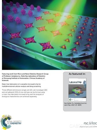 
                      近日，国际学术期刊LabonaChip以后封面形式，刊载了中国科学院沈阳自动化研究所微纳米课题组利用机器人化的微纳操控和组装技术在多维细胞装配领域的最新研究成果。

  工程技术与生命科学的融合已成为引领科技创新前沿的热点方向之一，将细胞排列、组装成特定的构型，对于药物研发、生物传感以及类生命机器人研究等方面具有重要意义