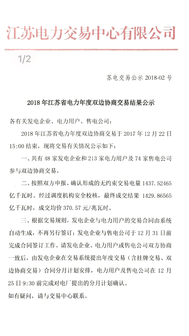 
	中國儲能網(wǎng)訊：12月22日，江蘇年度雙邊協(xié)商交易完成。經(jīng)過安全校核，年度雙邊協(xié)商交易規(guī)模1429.86565億千瓦時，平均成交價差20.43元/兆瓦時，電廠大約每度電讓利2分錢，總共讓利29.2122億元.



	此前12月19日年度掛牌交易落幕，最終成交結(jié)果15. 23億千瓦時，成交均價372元/兆瓦時，度電讓利1.9分，發(fā)電側(cè)總共讓利2893.7萬元