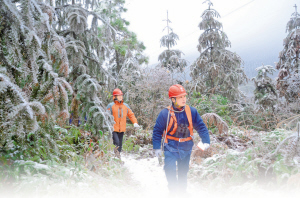 
　　永州供電公司員工巡視洪水嶺電力設(shè)施?！　疃瑑?攝

　　在洪水嶺哨所測(cè)量觀(guān)冰測(cè)冰模擬線(xiàn)覆冰情況