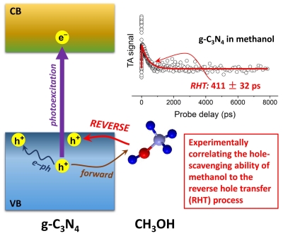 　　最近，中國科學(xué)技術(shù)大學(xué)合肥微尺度物質(zhì)科學(xué)國家研究中心羅毅教授團(tuán)隊(duì)張群教授研究組在凝聚相超快光譜與動(dòng)力學(xué)機(jī)理研究方面取得新進(jìn)展，揭示出甲醇分子(光催化研究中最常用的空穴犧牲劑之一)吸附于模型半導(dǎo)體材料(g-C3N4)表面所發(fā)生的光激發(fā)反向空穴轉(zhuǎn)移動(dòng)力學(xué)行為機(jī)制。研究成果以“Experimental Identification of Ultrafast Reverse Hole Transfer at the Interface of Photoexcited Methanol/Graphi