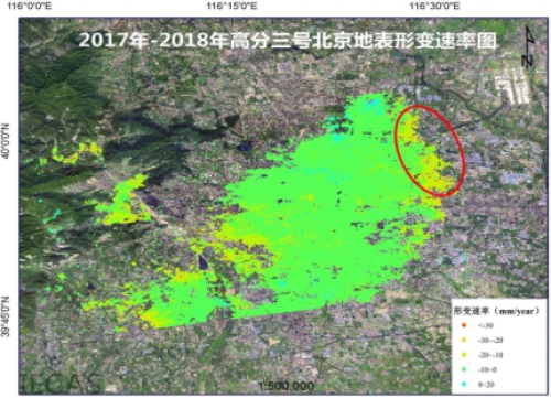 　　近日，中國科學(xué)院電子學(xué)研究所研究員呂孝雷、雷斌聯(lián)合中國資源衛(wèi)星應(yīng)用中心，處理得到第一幅高分三號衛(wèi)星雷達(dá)時序干涉(TSInSAR)地表形變測量圖，實(shí)現(xiàn)我國衛(wèi)星雷達(dá)時序干涉測量零的突破，該成果首次將國產(chǎn)雷達(dá)衛(wèi)星地表厘米級形變測量提升至毫米精度，標(biāo)志著我國在衛(wèi)星合成孔徑雷達(dá)干涉測量研究領(lǐng)域達(dá)到國際先進(jìn)水平。 高分三號北京地表形變速率圖 　　衛(wèi)星雷達(dá)時序干涉技術(shù)(TSInSAR)是一種利用衛(wèi)星雷達(dá)多時相大數(shù)據(jù)干涉相干原理，實(shí)現(xiàn)800公里太空探測地面毫米形變的遙感技術(shù)，是目前唯一的一種高精度