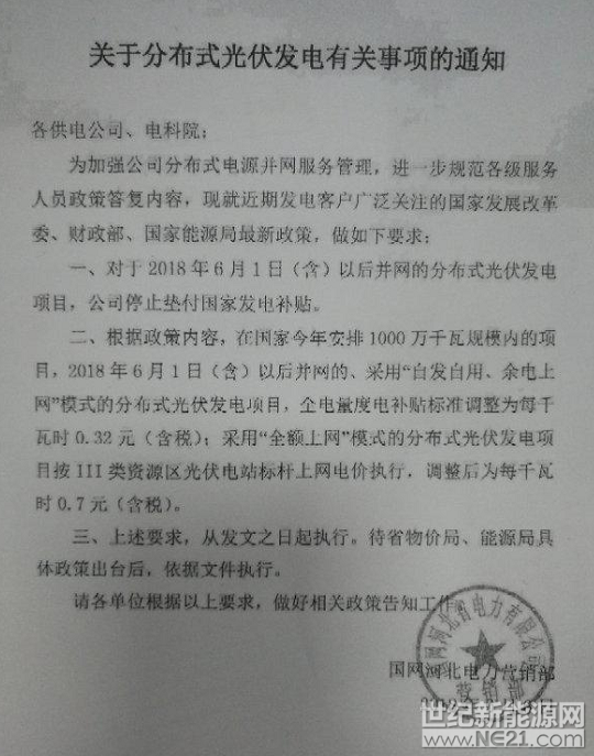 國網(wǎng)河北:531后并網(wǎng)光伏項(xiàng)目，停止墊付國家補(bǔ)貼


