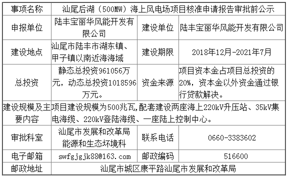                        汕尾后湖（500MW）海上風電場項目核準申請報告審批前公示                     ? ? ? ? ? ? ? ? ? ?