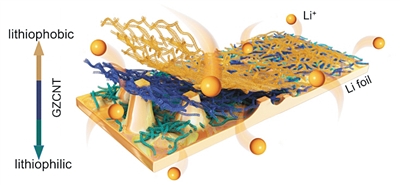 
			              
	
多層碳納米管鋰電池電極保護膜結(jié)構(gòu)示意圖
受訪者供圖
《自然·通訊》近日發(fā)表了軍事科學院、武漢理工大學等單位聯(lián)合團隊的研究成果，他們合成了一種多層碳納米管薄膜，能夠自組裝在金屬鋰負極表面，截停鋰枝晶。
軍事科學院副研究員張浩介紹，金屬鋰具有最高的理論比能量，被公認是最具前景的下一代高能量電池負極材料，之所以難以應用，是因為金屬鋰在循環(huán)充放電下產(chǎn)生鋰枝晶刺穿電池