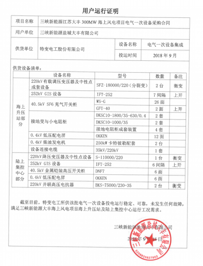 　　9月13日，300MW海上風(fēng)電項(xiàng)目220kV海上升壓站及陸上集控中心正式帶電投運(yùn)，它是由特變電工股份有限公司供貨，特變電工衡陽變壓器有限公司（以下簡(jiǎn)稱“衡變公司”）及特變電工中發(fā)上海高壓開關(guān)有限公司（以下簡(jiǎn)稱“上開公司”）聯(lián)合制造，集中供貨一次電氣設(shè)備的我國(guó)首座具有完全知識(shí)產(chǎn)權(quán)的海上升壓站。該項(xiàng)目的成功帶電投運(yùn)標(biāo)志著我國(guó)一舉打破了海上風(fēng)電領(lǐng)域長(zhǎng)期被國(guó)外合資廠商壟斷的局面，首次實(shí)現(xiàn)了電氣一次國(guó)產(chǎn)設(shè)備投運(yùn)