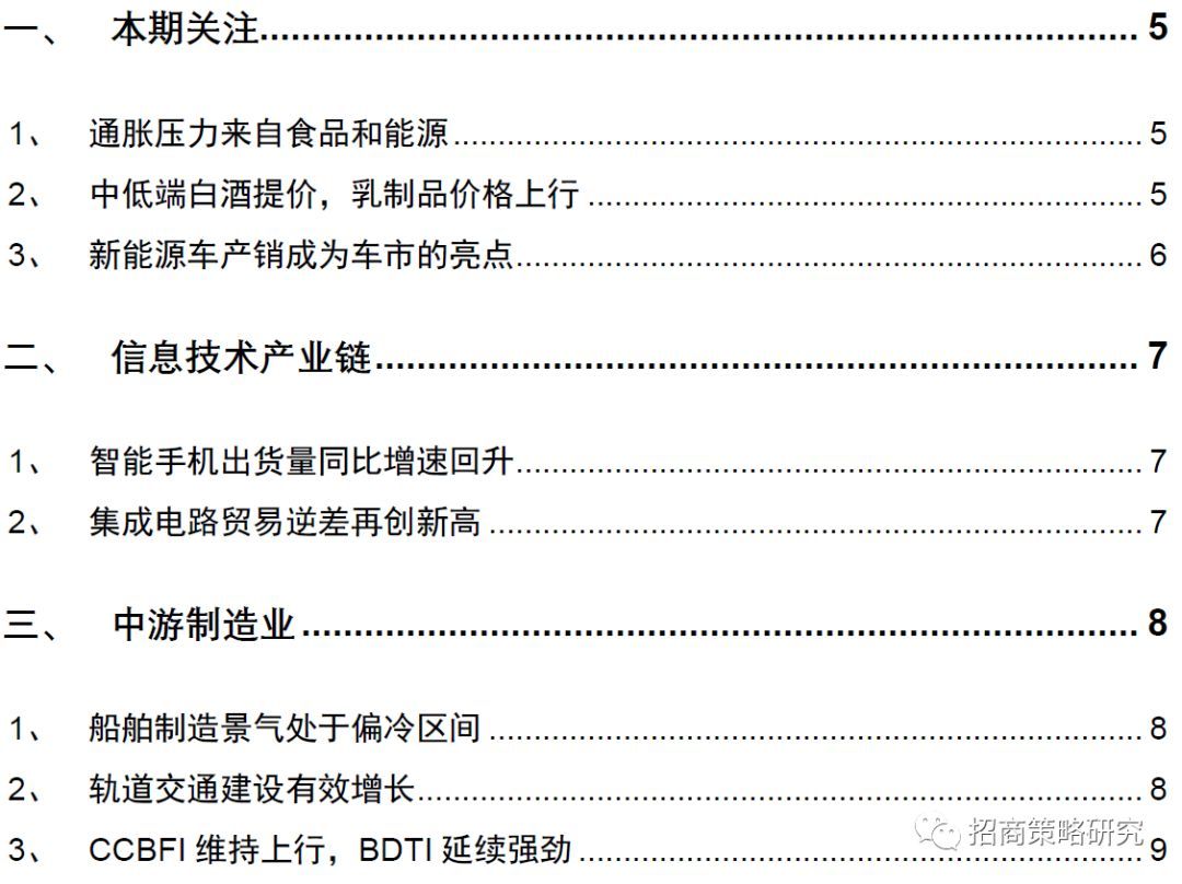 原標(biāo)題：【招商策略】乳品價格強于季節(jié)性，新能源車為車市亮點——行業(yè)景氣觀察（1018）            近期通脹壓力來自食品和能源價格走高；中低端白酒提價，乳制品價格上行。智能手機出貨量下滑幅度收窄，集成電路貿(mào)易逆差再創(chuàng)新高